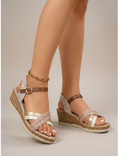  Women's Metallic Strappy Espadrille Wedges - Comfortable Platform Sandals with Adjustable Ankle Strap for Island Vacations, Tropical Resorts & Summer Getaways