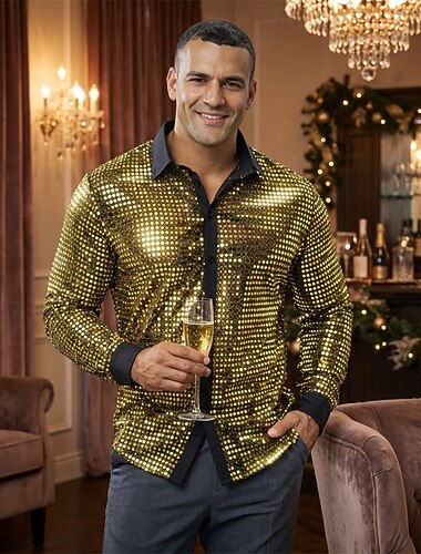  Retro Vintage Anos 70 Discoteca Fantasias Paetês Cor Sólida Fantasia Homens Fantasia de Carnaval Dia Das Bruxas Carnaval Baile de Máscaras Espetáculo Festa / Noite Palco Adulto Camisa Verão Primavera