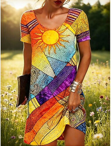  Per donna Mini Abito Abito Boho Vestito Casual Vestito T-Shirt Vintage Quotidiano All'aperto Vacanza Vestibilità regolare Grafico Astratto Manica Corta Girocollo Blu Giallo Viola Arancione Estate