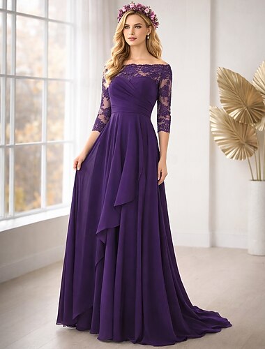  A-vonalú Földig érő Esküvői vendég ruha Ünnepi ruha Estélyi ruha Örömanya ruha Háromnegyedes Aszimmetrikus Elegáns Egyszerű Előírásos Esküvői vendég Hivatalos estély Sifon val vel Egyszínű