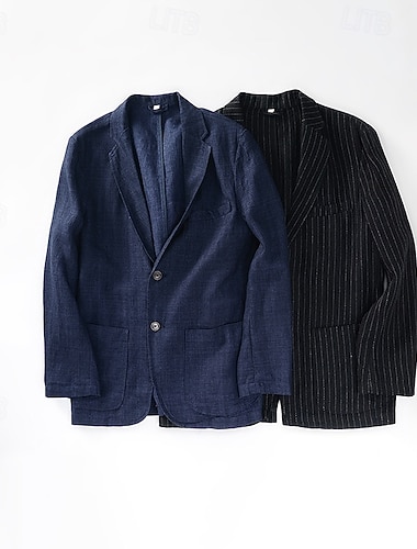  Homme Veste blazer Blazer en lin Col cranté Mode Léger Occasionnel Rayé Couleur Unie Blazer Blazer en lin Noir Bleu de minuit Coupe sur mesure à boutonnage simple à 2 boutons