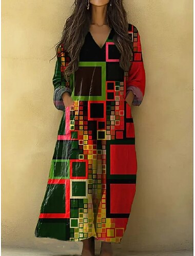  Γυναικεία Μακρύ φόρεμα Φόρεμα για τον ήλιο Φόρεμα σε γραμμή Α Διακοπές Καθημερινό Μπόχο Παραλία Εξόδου Χαλαρή Εφαρμογή Γραφική Γεωμετρικό Καρό Μακρυμάνικο Λαιμόκοψη V