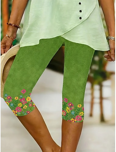  Dam Damasker Semester Vintage Mode Kapris Hög midja Blommig Grafisk Tryck Komfort Mjuk Andningsfunktion Elastisk Ledigt Dagligen Utomhus Blå Grön Sommar Vår Smal passform