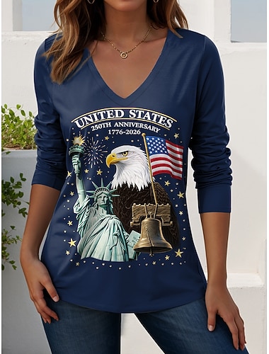  Amerikaanse onafhankelijkheidsdag Dames T-shirt Afdrukken Grafisch Amerikaanse vlag Vintage Stijlvol Casual Lange mouw V-hals Normale tops Dagelijks Weekend blauw Wit Marineblauw Zomer Lente