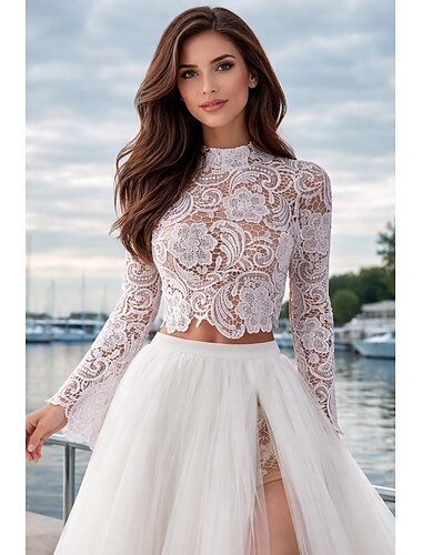  Boho bryllupskjoler strandbryllup separater høy nakke langermede separater blonde brudekjoler brudekjoler med applikasjoner kjole å imponere høstbryllup ( kun topp )