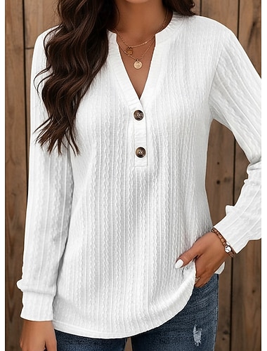 Damen T Shirt T-Shirt Knöpfe Einfarbig Elegant Mode Langarm V Ausschnitt Normale Oberteile Täglich Wochenende Blau Schwarz Weiß Gelb Rosa Frühling Herbst