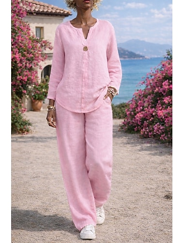  Dámské Košile Dvoudílné sady Imitace bavlny a lnu Plátěné kalhoty Kalhoty Sada Dlouhý rukáv Do V Pevná barva Šňůrky Módní Šik ven Denní nošení Rande Vodní modrá Černá Bílá Jaro Běžný