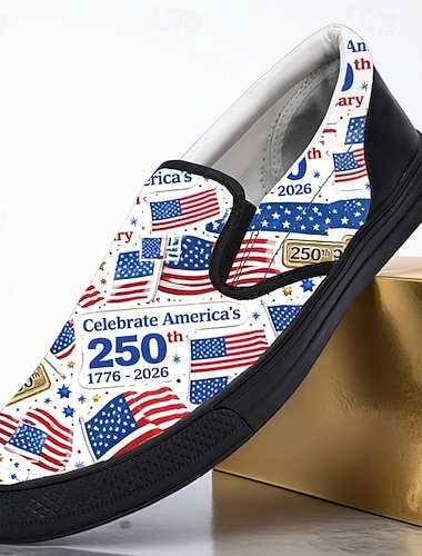  Patriotische Herren-Sneaker zum 250. Jahrestag – Design mit roter, weißer und blauer amerikanischer Flagge, bequeme Slipper zum Feiern des Unabhängigkeitstages und nationaler Veranstaltungen