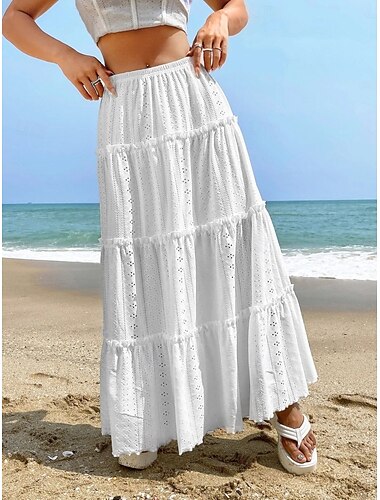 Damen Urlaubsrock Mode Lässig Maxi Hohe Taille Röcke Einfach Loch Dehnbar Täglich Straße Weiß Gelb Sommer Polyester