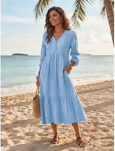  Dames Halflange jurk A lijn jurk Zomerjurk Casual Ruim Passend Effen Kleur Lange mouw V-hals blauw Geel Bruin Grijs Zomer Lente
