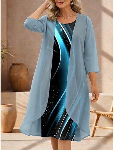  Damen Kleid-Set Shiftkleid Sommerkleid Elegant Grafik Geometrisch Geschichtet Druck Midikleid Dreiviertelarm Rundhalsausschnitt Täglich Urlaub Blau Purpur Grün Sommer Frühling Normale Passform