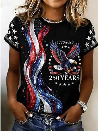  Függetlenség Napja Amerikai Évforduló Patriotikus Női Póló Nyomtatott Grafika Zászló Stílusos Klasszikus Lazító Rövid Ujjú Kerek Nyak Normál Felsők Napi Kék Fekete Piros  Kék