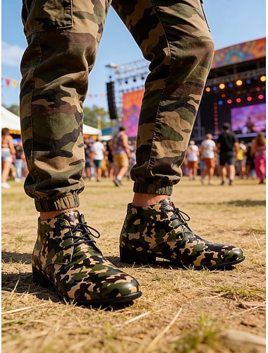  Bottes de combat camouflage en similicuir pour hommes, audacieuses et résistantes, parfaites pour les festivals de musique et le style urbain.