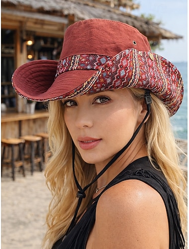  Dames bohemian western cowboy zonnehoed, lichtgewicht polyester pet met brede rand en UV-bescherming, veelkleurige outdoor strandhoed voor lente- en zomerreizen, rodeo's en casual dagelijks gebruik.