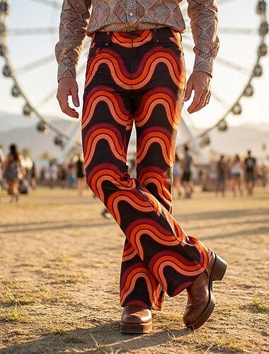  Retro Vintage Boho Anos 70 Calças Calça boca de sino Hippie Discoteca Cintura Alta Linhas / Ondas Fantasia Homens Dia Das Bruxas Carnaval Festival de Música Festa Temática Retro Adulto Calças