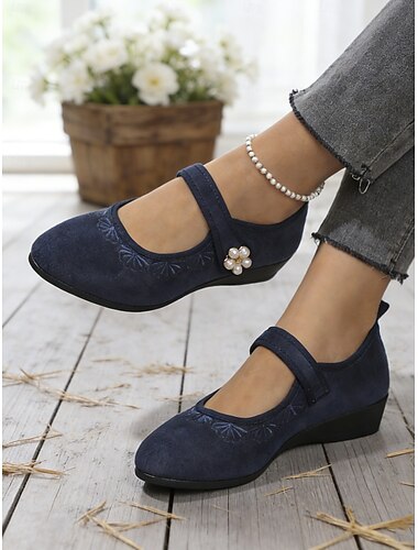  Blå broderte Mary Jane-sko til dame – uformelle flate sko med magiske båndstropper for modne kvinner, hverdagsbruk, arbeid, turgåing og reiser