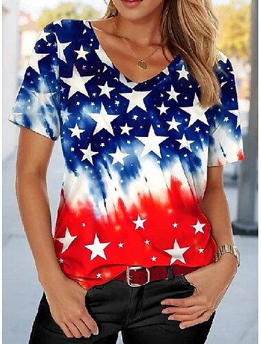  Onafhankelijkheidsdag Amerikaanse Jubileum Patriottische Dames T-shirt Print Grafisch Vlag Vintage Stijlvol Klassiek Korte Mouw V Hals Regular Tops Dagelijks Blauw Wit Marineblauw Zomer Lente