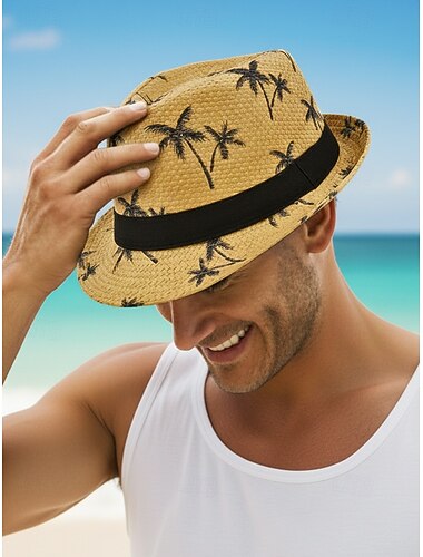  Heren strohoed met palmbomenprint, lichtgewicht, ademende geweven zomerhoed in diverse kleuren, casual resortstijl voor een strandvakantie in de lente en dagelijks gebruik.