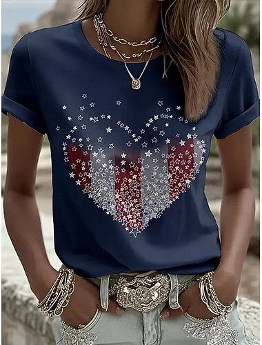  Amerikanska självständighetsdagen Dam T-shirt Mönster Grafisk Flagga Stylish Klassisk Ledigt Kortärmad Rund hals Vanliga toppar Dagligen Blå Rubinrött Röd / blå Sommar Vår