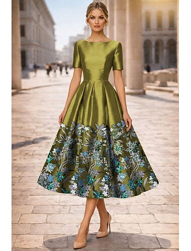  A-Linie Tee-Länge Abendkleid Cocktailkleider Elegant Kurzarm U-Boot-Ausschnitt Hochzeit Formell Taft mit Perlenbesetzt Falten