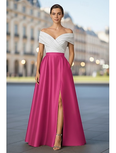  Ligne A Longueur au sol Robe de Soirée Tenue de soirée Élégant Soyeux Sans manches Épaules Dénudées Mariage Formel Poche Satin Pailleté avec Plis Fente