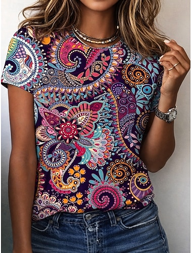  Dámské Tričko Tisk Květinový Grafika Kašmírový vzor Čechy Vinobraní stylové Krátký rukáv Tričkový Do V Dlouhé topy Denní Jdeme ven Víkend Vodní modrá Černá Světle zelená Fialová Trávová zelená Léto