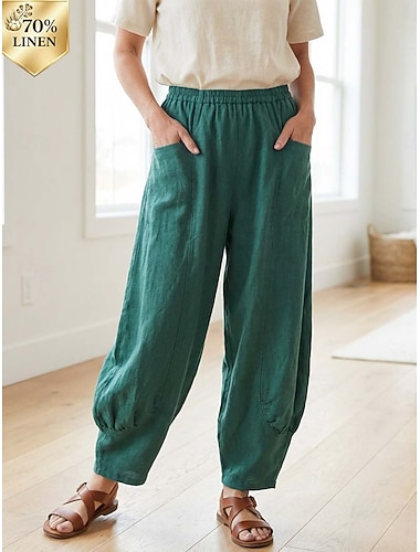  Damen Hose aus Baumwollleinen Weites Bein Chinos Sommerhose Urlaub Streetwear Basic Volle Länge Mittlere Taillenlinie Einfach Tasche Elastischer Bund Bequem Komfort Unelastisch Täglich Outdoor Straße