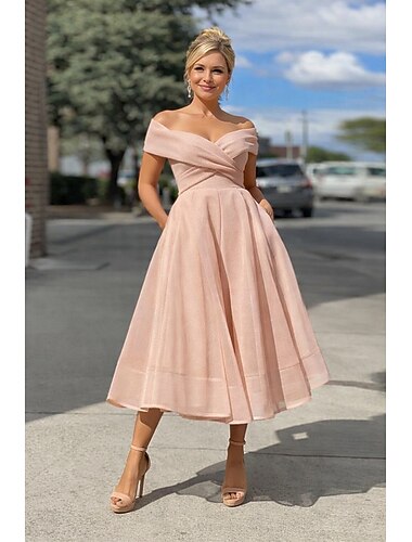  Linea ad A Lunghezza Tè Abiti da Cocktail Abiti da festa Vintage Anni 1950 Senza Maniche Senza Spalle Ospite di nozze Tulle con Pieghe