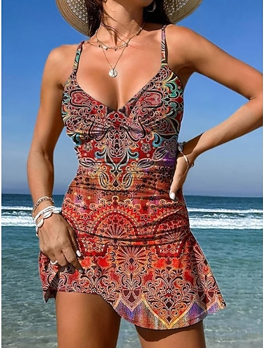  Damen Badeanzug Einteiler Rock Bademode Elegant Urlaub Grafik Geometrisch V Ausschnitt Ärmellos Badeanzüge