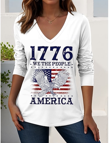  Függetlenség Napja Patrióta Női Póló Nyomtatás Grafikával Amerikai Zászló Vintage Stílusos Hétköznapi Hosszú Ujjú V Nyakú Normál Felsők Napi Hétvégi Kék Fehér Piros Nyári Tavaszi