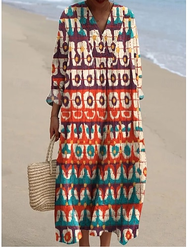  Per donna Abito maxi Vestito Estivo Abito a Tubino Vacanza Casual Spiaggia Uscire Vestibilità comoda Floreale Grafico Geometrico Manica Lunga Scollo a V Verde chiaro Viola Arancione Estate Primavera