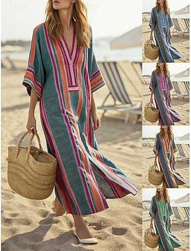  Damen Maxikleid Kunstbaumwollleinen Freizeitkleid A Linie Kleid Vintage Western Täglich Strand Urlaub Lässiger Schnitt Gestreift Dreiviertelarm V Ausschnitt Blau Marineblau Purpur Fuchsie Sommer