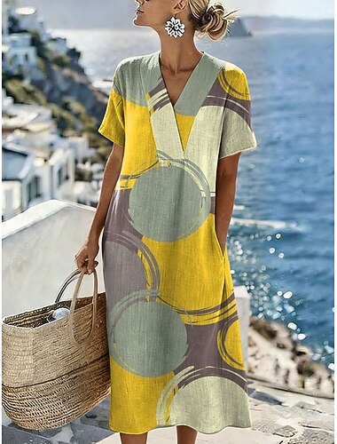  Mulheres Vestido midi Vestido casual Vestidos Para o Verão Férias Casual Estilo Praia Praia Festa Ajuste Largo Gráfico Geométrica Manga Curta Decote V Amarelo Rosa Marron Verde Verão Primavera