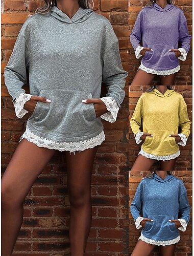  Damen-Pullover-Hoodie, Sweatshirt, Patchwork-Tasche, schlicht, lässig, langärmelig, Kapuze, normales Oberteil, Spitzenoberteil, Streetwear, Alltagskleidung, gelb, königsblau, lila, grau, Herbst/Winter