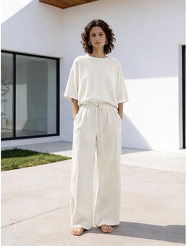  Completo pantaloni da donna in lino al 15%, completo in lino, tinta unita, tasca, elastico in vita, t-shirt, pantalone, casual, a maniche lunghe, girocollo, blu, nero, bianco, blu navy, marrone chiaro, estate, primavera