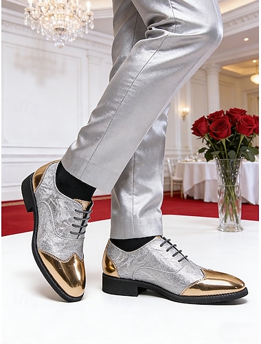  Herresko i kunstskinn i sølv og hvitt med snøring, trendy bryllupssko for brudgommer og gjester
