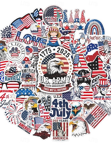  250 stk. 4. juli-klistremerker, 5 pakker med 50 patriotiske, vanntette vinylklistremerker for vannflasker og bærbar PC, klistremerker med USA-flagg og uavhengighetsdag for barn og tenåringer og