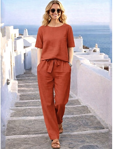  Dámské Sady kalhot Bolero Imitace bavlny a lnu Krátký rukáv Kulatý Pevná barva Módní Šik ven Ležérní Denní Venkovní Vodní modrá Oranžová Trávová zelená Léto Volný