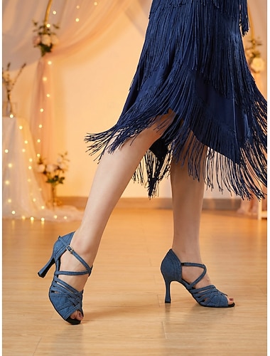  Blå latinske dansesko til dame med kryssreimdesign - profesjonelle hæler til salsa og tango