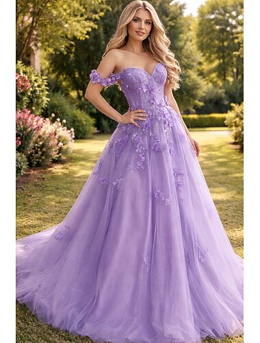  Ligne A Traîne Balayage Robes de Bal Élégant Sans manches Coeur Formel Tulle avec Plis Paillettes Appliques