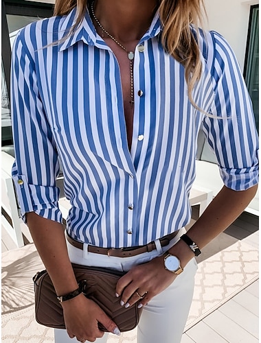  Mulheres Blusa Botões Imprimir Listrado à moda Casual Manga Longa Colarinho de Camisa Tops regulares Diário Azul Preto Vermelho Verão Primavera Outono