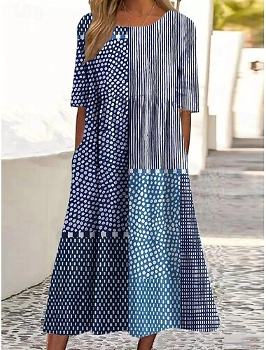  Mulheres Vestido Longo Vestido casual Clássico Praia Ajuste Largo Gráfico Abstrato Meia Manga Gola Redonda Azul Preto Roxo Laranja Verão Primavera