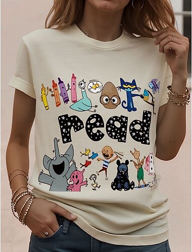  Dame T skjorte Trykt mønster Grafisk Dyr Bokstaver Årgang Stilfull Klassisk Kortermet Crew-hals Rund hals Vanlige topper Daglig Helg Lys beige Hvit Rød og Hvit Sommer Vår Høst