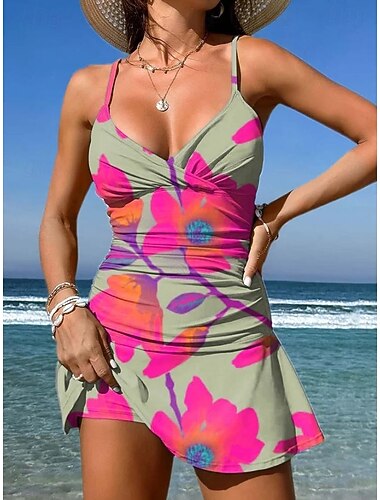  Dames Zwemkleding Een stukje Rok Zwempak Elegant Vakantie Bloemig Grafisch Mouwloos Badpakken