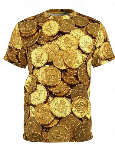 Herre-T-skjorte med 3D-gullmynter og hodeskalle og korsbein, heldekkende trykk, grafisk t-skjorte, gullskatt, pengedesign, kortermet topp, klær, s, m, xl, xxl, xxxl