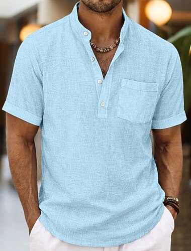  Herren Hemd Leinenhemd Popover-Hemd Sommerhemd Strandhemd Einfach Lässig Täglich Schwarz Weiß Himmelblau Grau Kurzarm Stehkragen Sommer Frühling & Sommer Bekleidung Tasche