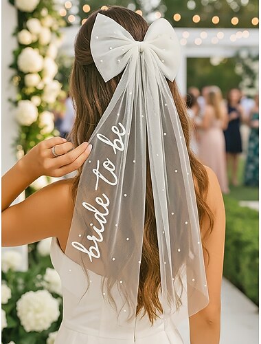  Damessluierhoofdband met parelversiering, polyester tule strik met de tekst "bride to be", elegant bruidshaaraccessoire voor bruiloften, vrijgezellenfeesten en bruidsshowers.