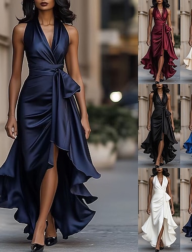  Damskie Sukienka maxi Satynowa sukienka Sukienka na studniówkę Sukienka A line Elegancja Moda Nowoczesny Wieczorna impreza Specjalne okazje Spotkanie towarzyskie Regularny Równina Bez rękawów W serek