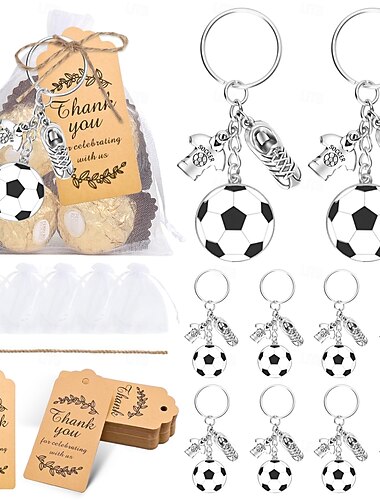  Confezione da 10 bomboniere per feste sportive con portachiavi a tema calcio, etichette di ringraziamento e 12 sacchetti regalo per feste a tema calcio, baby shower, compleanni per bambini, premi per