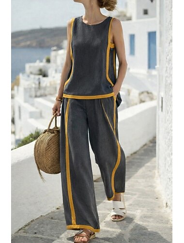  Γυναικείο σετ δύο τεμαχίων από ψεύτικο βαμβάκι, εμπνευσμένο από λινό, αμάνικο, φαρδύ, στρογγυλή λαιμόκοψη, καθημερινό, home, χαλαρή εφαρμογή, ανοιχτό μπλε, σκούρο γκρι, καλοκαιρινό